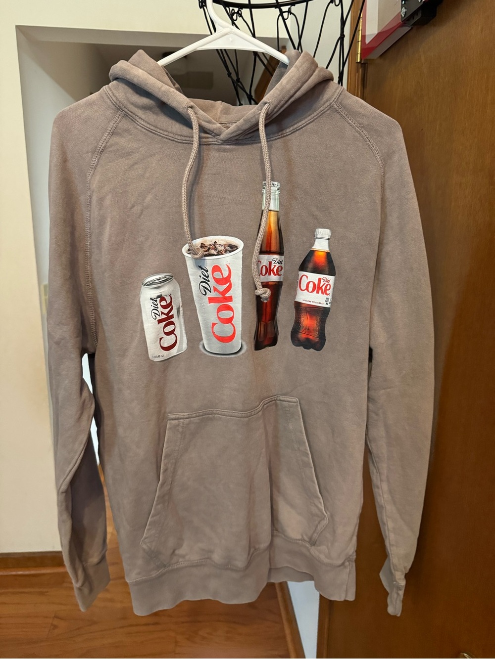 Coca Cola Taupe Pullover Hoodie with Soda Bottle & Can Graphics